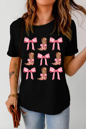 Bow & Boot Graphic Round Neck Short Sleeve T-Shirt - PD SECRET REALM