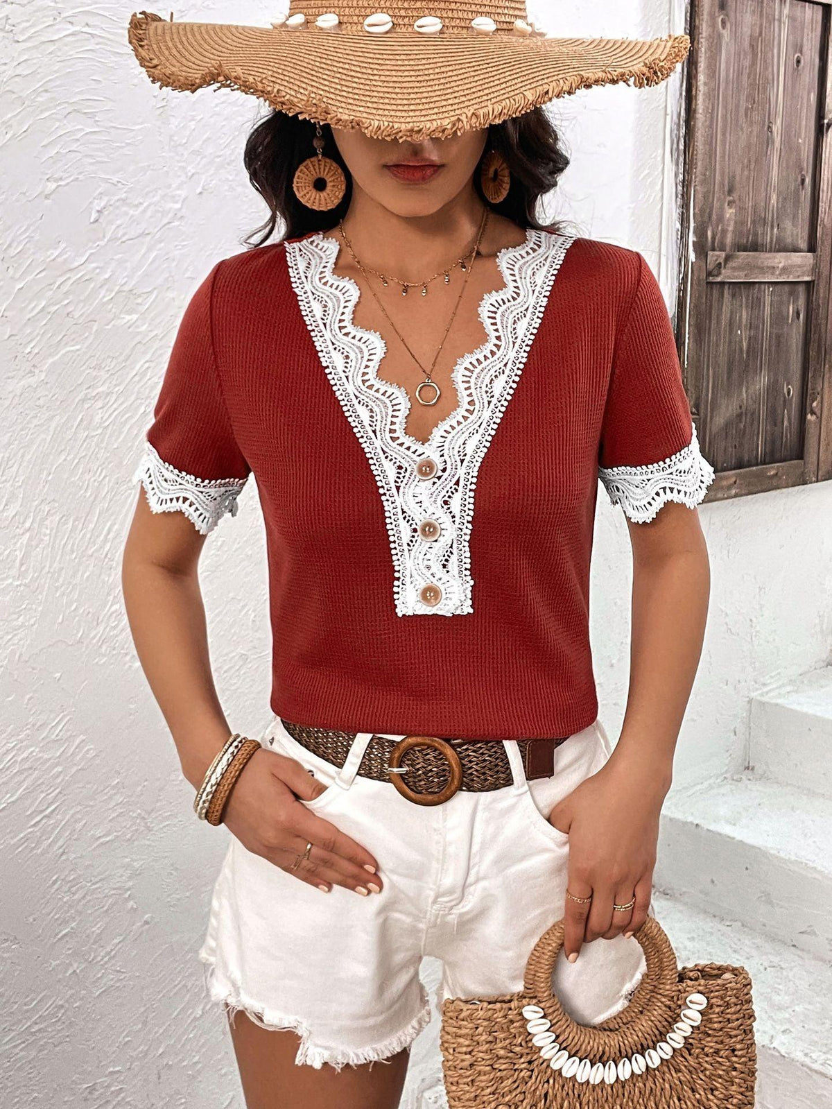 Ivy Lane Decorative Button Spliced Lace Short Sleeve Top