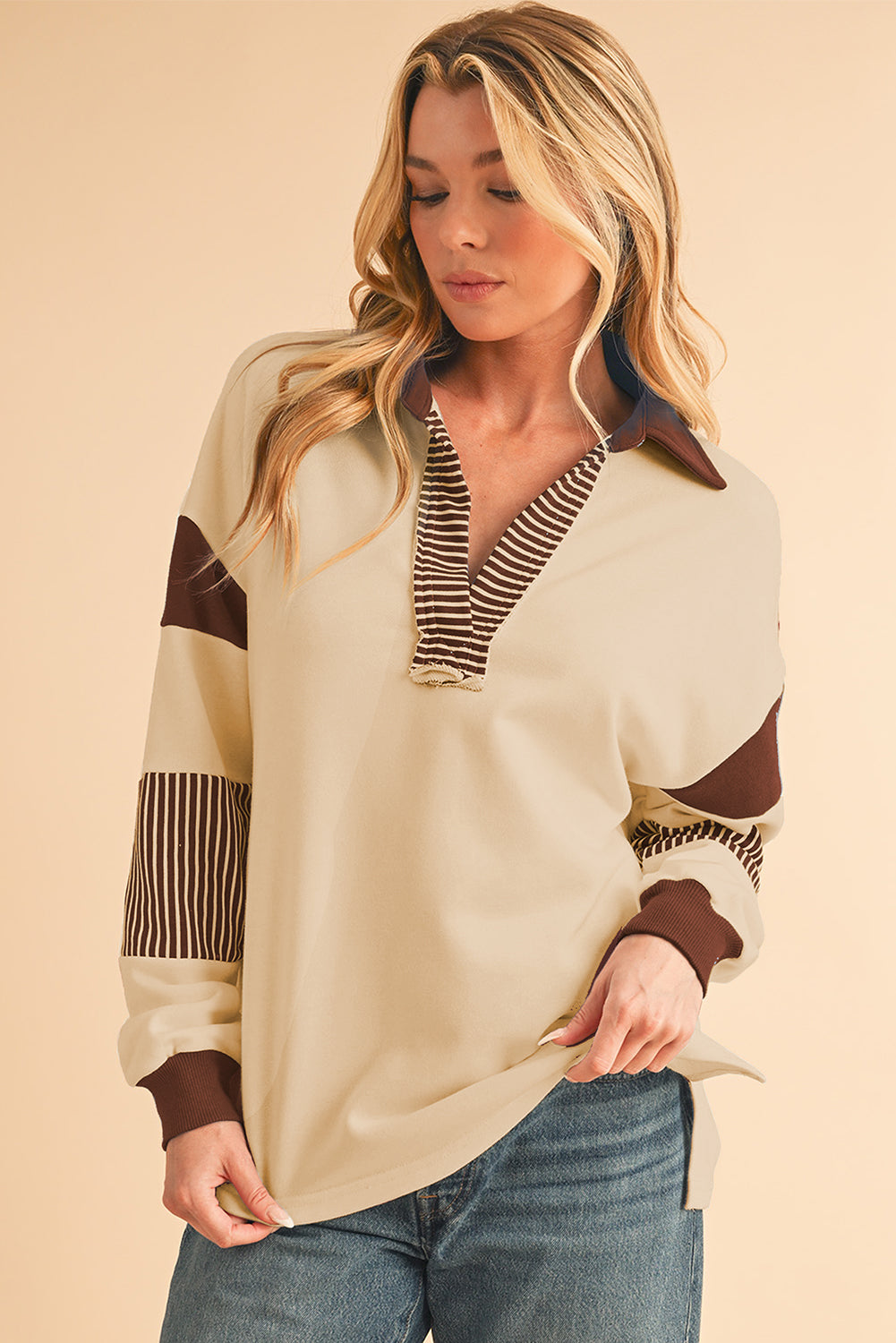 Sail Blue Striped Patchwork Collar Sweatshirt