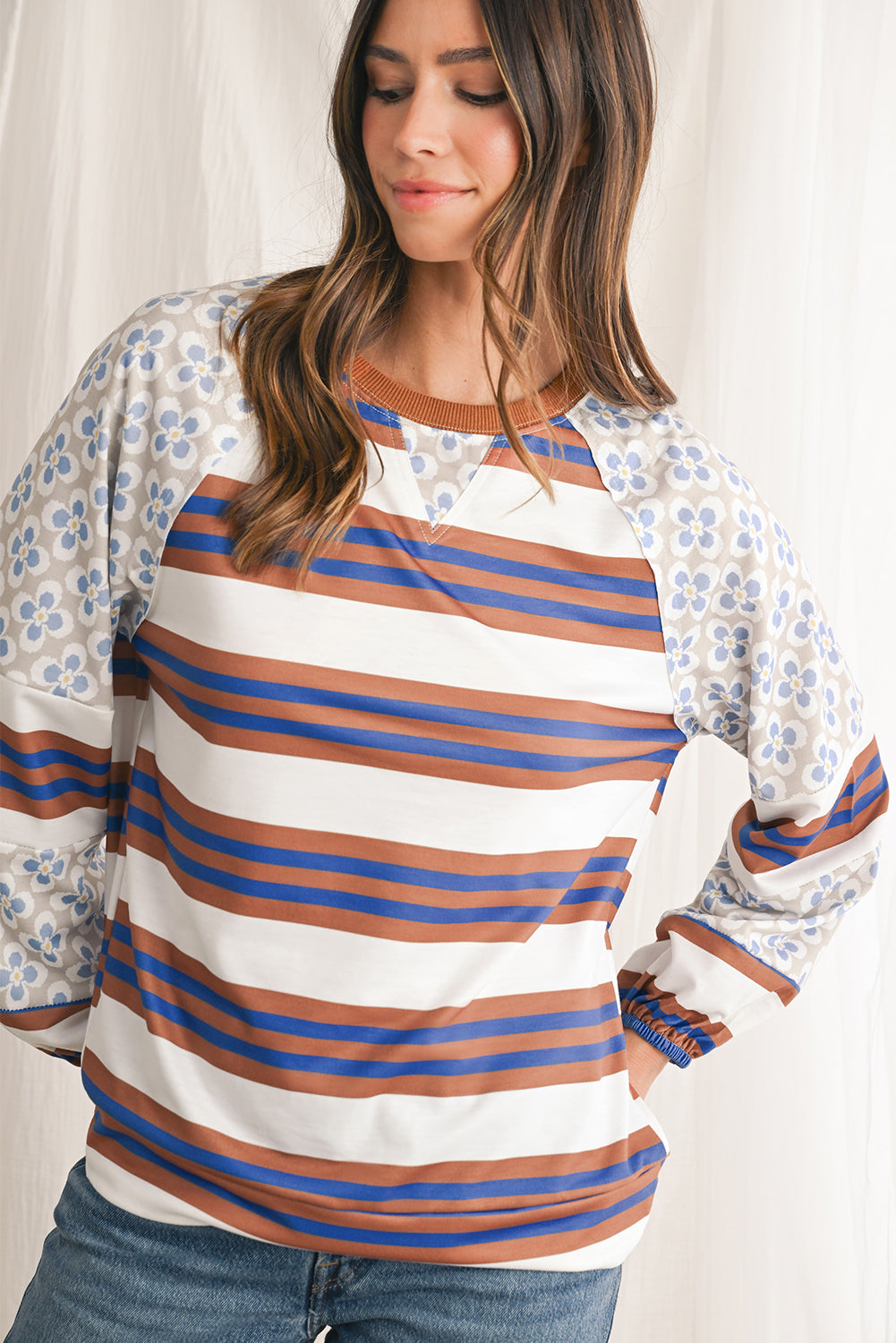 White Striped Floral Patchwork Lantern Sleeve Top