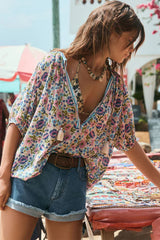 Multicolour Boho Floral Tassel Tie V Neck Blouse