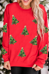 Red Sequin Christmas Tree Graphic Drop Shoulder Sweatshirt