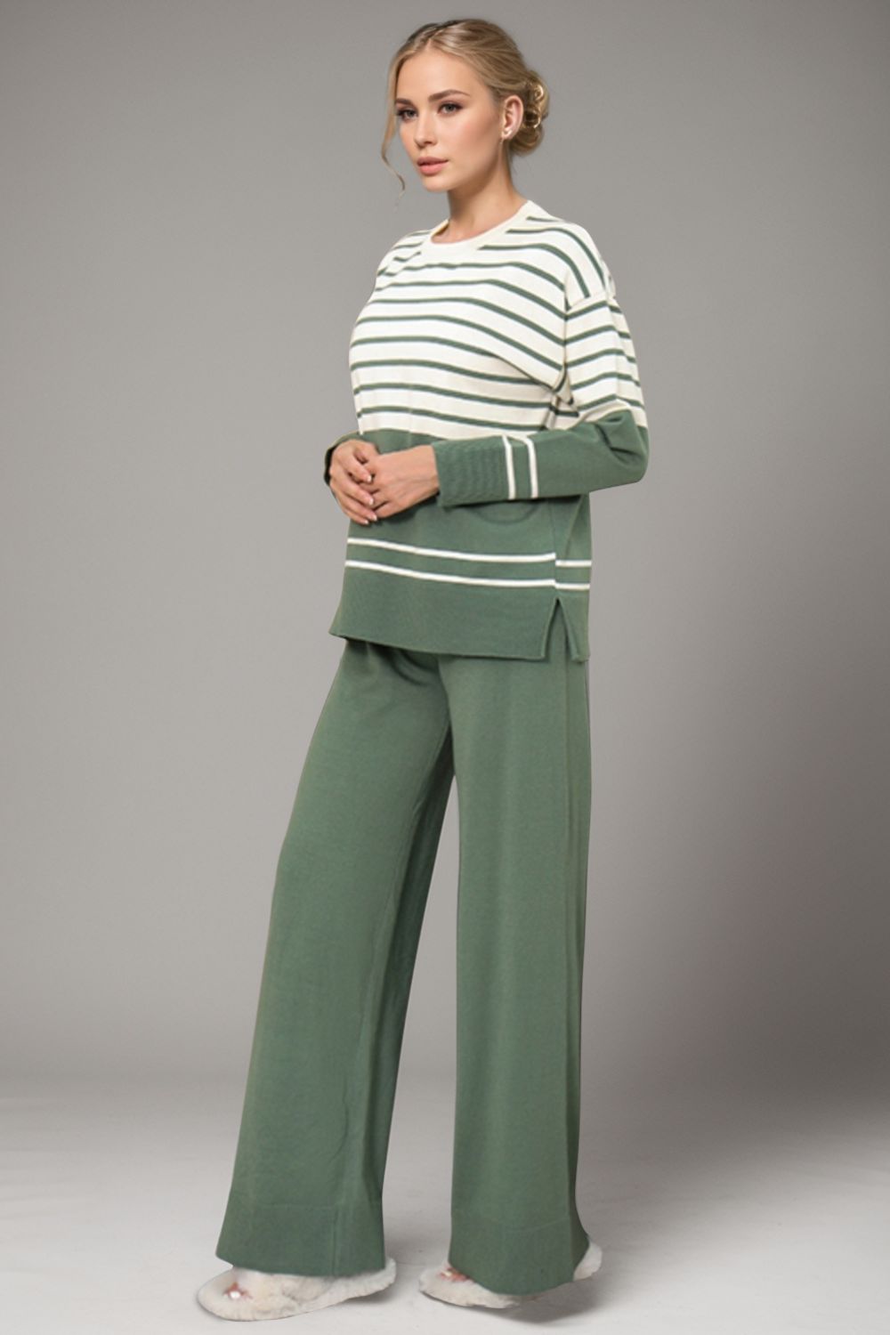 Striped Round Neck Long Sleeve Top and Pants Sweater Set