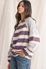 White Striped Floral Patchwork Lantern Sleeve Top