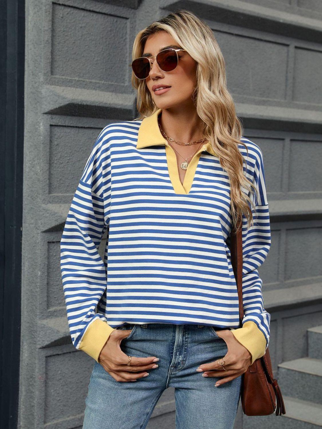 Striped Jnny Collar Long Sleeve Sweatshirt