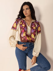 Printed Notched Long Sleeve Blouse - PD SECRET REALM