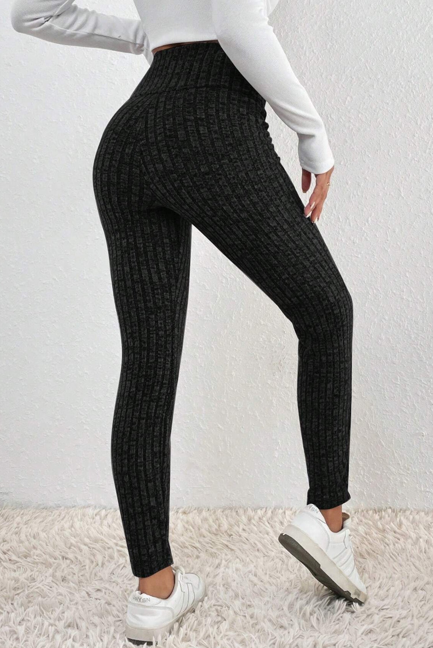 Dark Grey Wide Waistband Ribbed Textured Knit Leggings