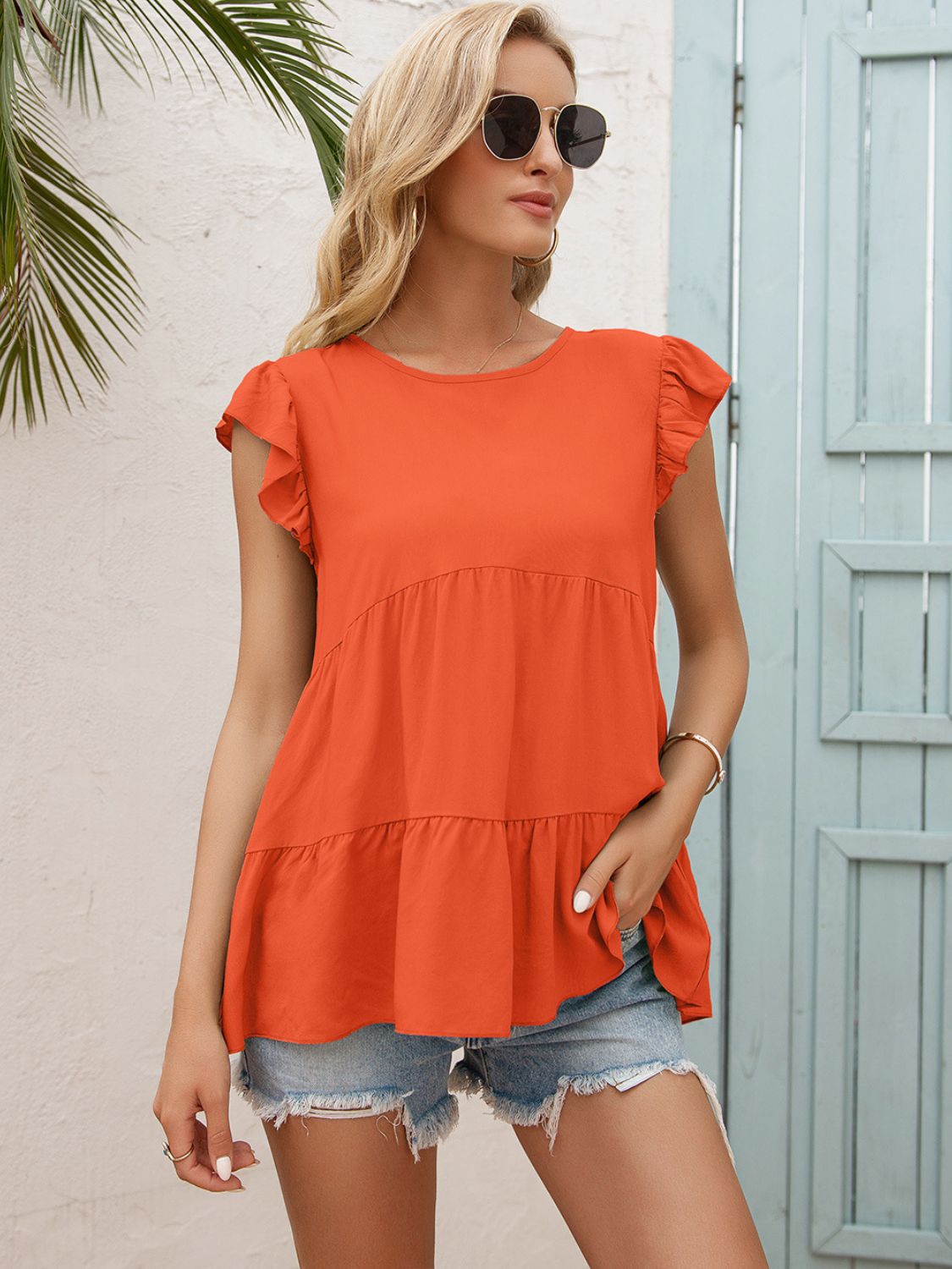 Ivy Lane Round Neck Flutter Sleeve Tiered Blouse