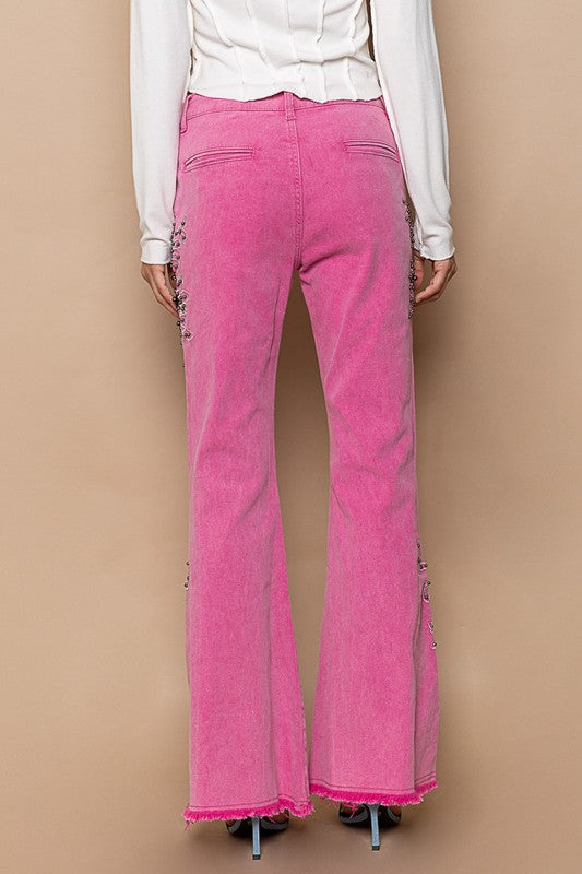 Raw Hem Embroidered Flare Pants