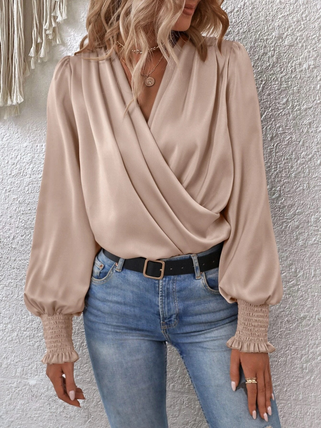 Smocked Lantern Sleeve Blouse