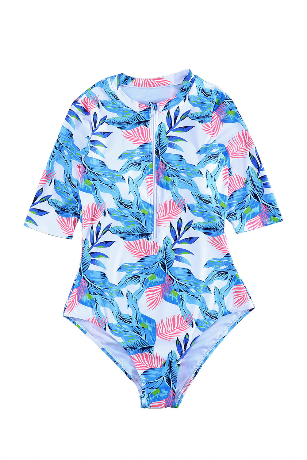 Blue Plant Print Zip Front Half Sleeve One Piece Swimsuit