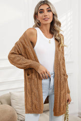 Khaki Ribbed Trim Hollow Knit Side Slits Cardigan