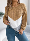 Cable-Knit Color Block Round Neck Sweater - PD SECRET REALM