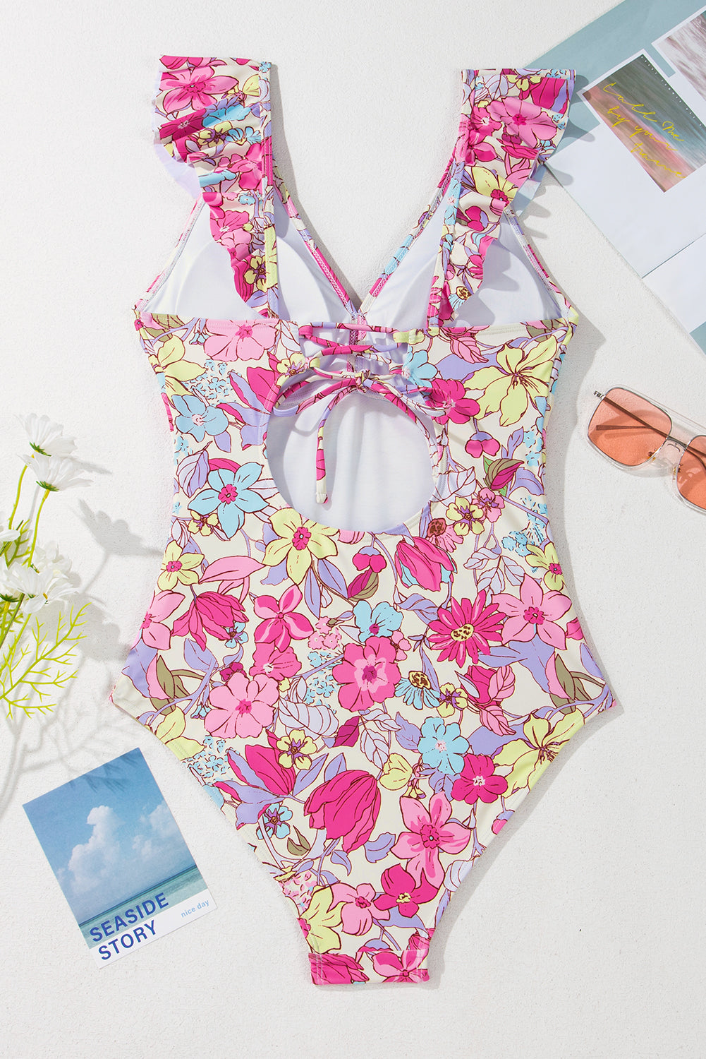 Pink Floral Ruffle Trim V Neck Backless One Piece Swimsuit