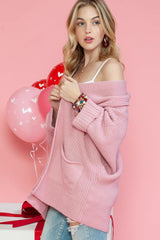 Pink Batwing Sleeve Pocket Oversized Cable Knit Cardigan