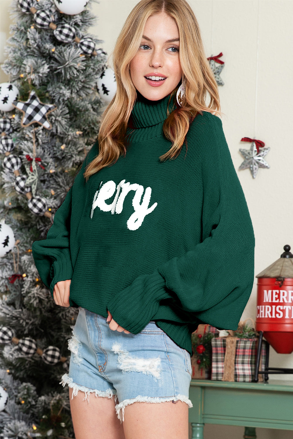 Green Turtle Neck Batwing Sleeve Merry Christmas Sweater