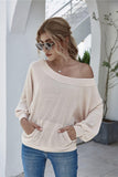 Boat Neck Waffle-Knit Lantern Sleeve Blouse with Pocket - PD SECRET REALM