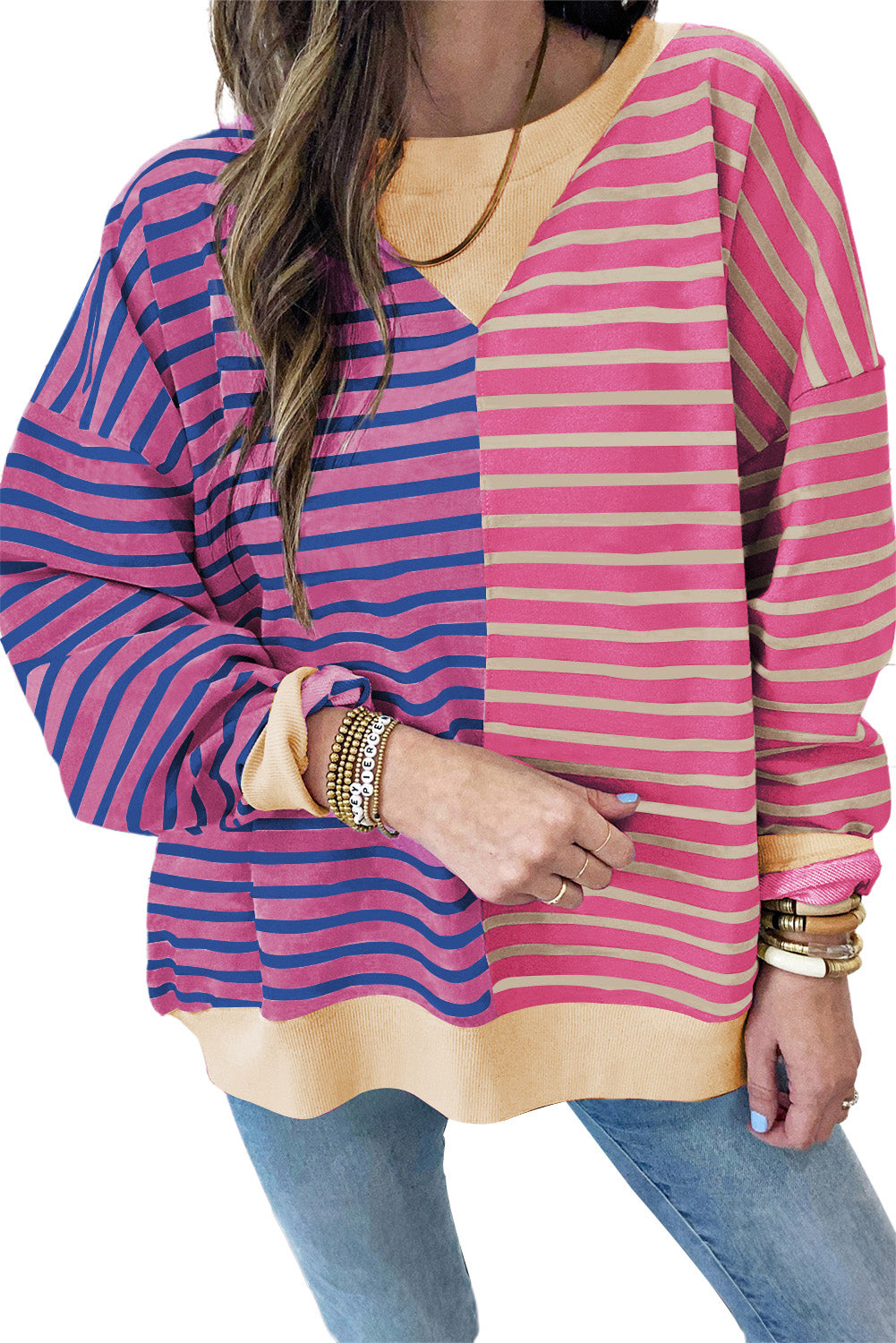 Green Stripe Colorblock Drop Shoulder Oversized Sweatshirt