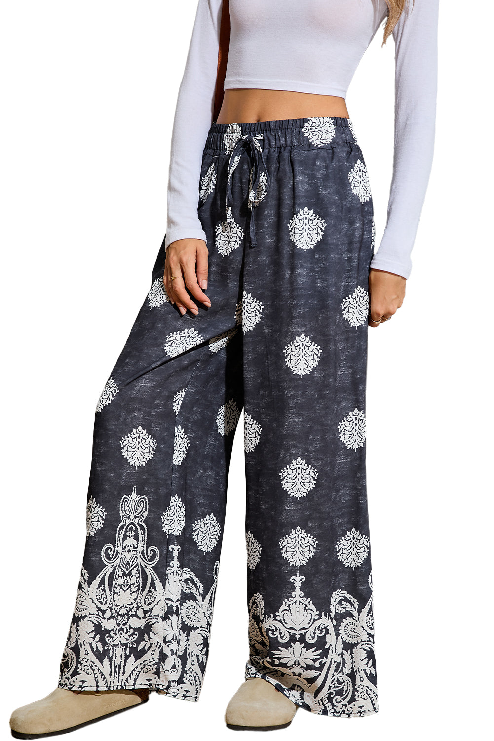 Black Bohemian Print Drawstring Waist Wide Leg Pants