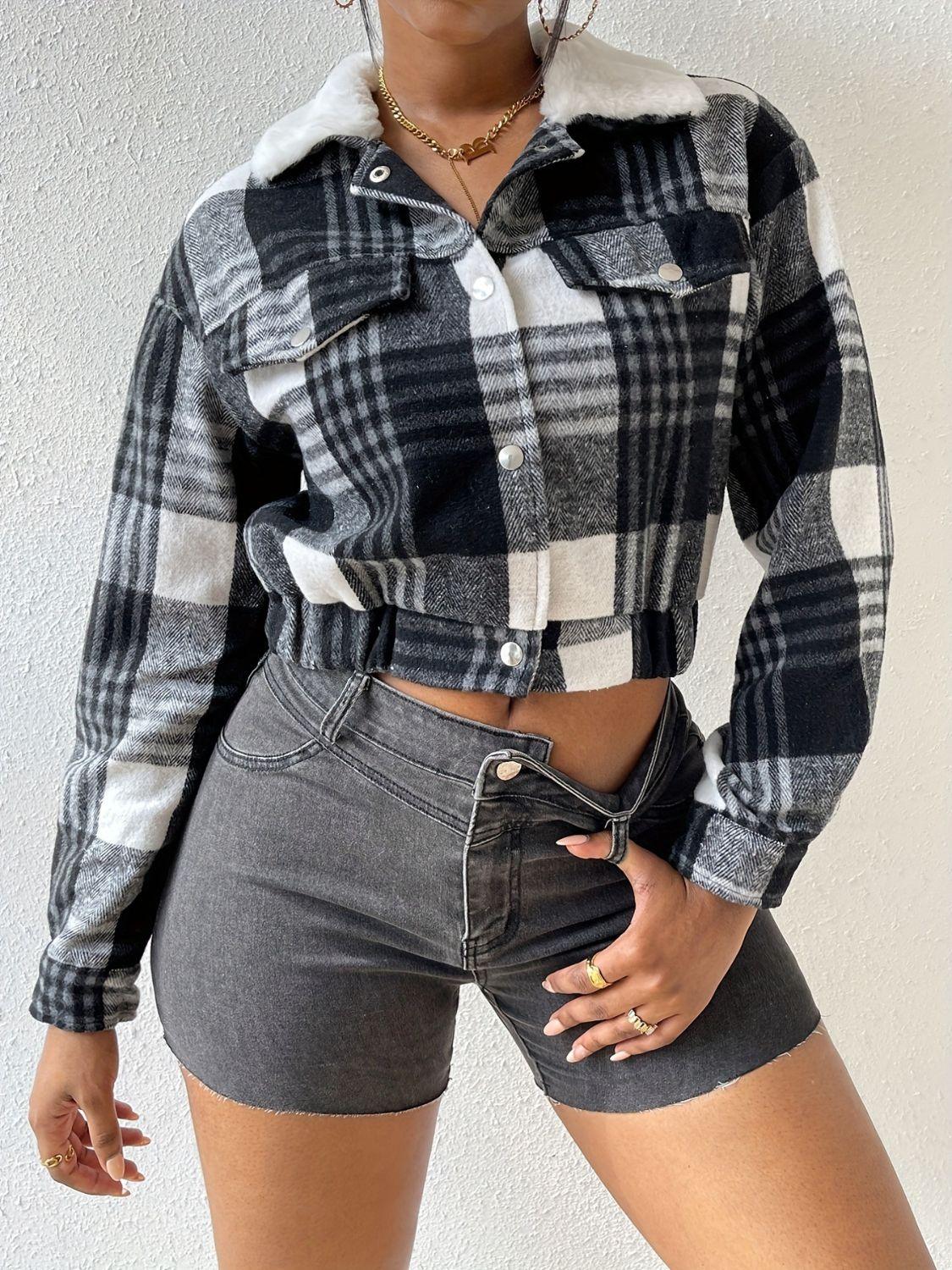 Plaid Snap Down Collared Neck Cropped Jacket - PD SECRET REALM