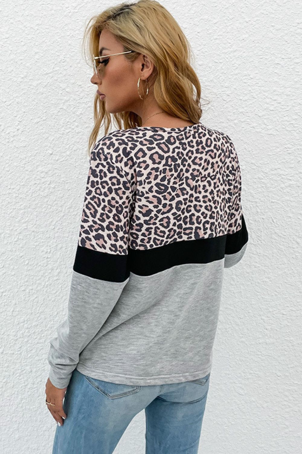 Perfee Leopard Color Block V-Neck Long Sleeve Top