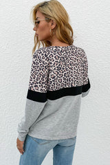 Perfee Leopard Color Block V-Neck Long Sleeve Top