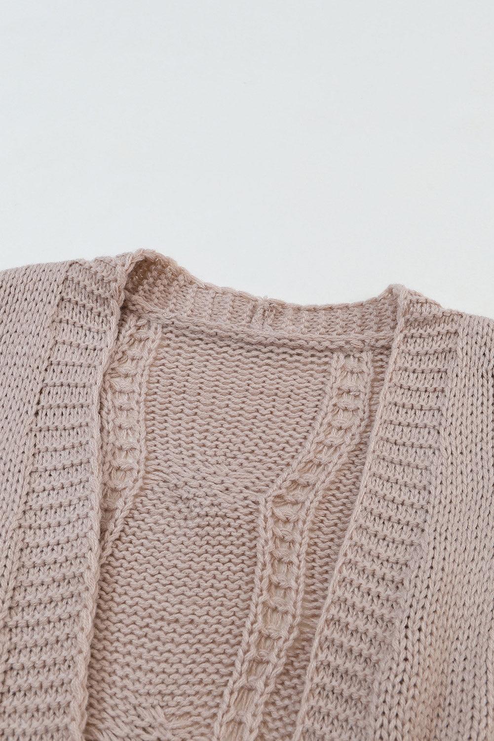 Khaki Ribbed Trim Hollow Knit Side Slits Cardigan