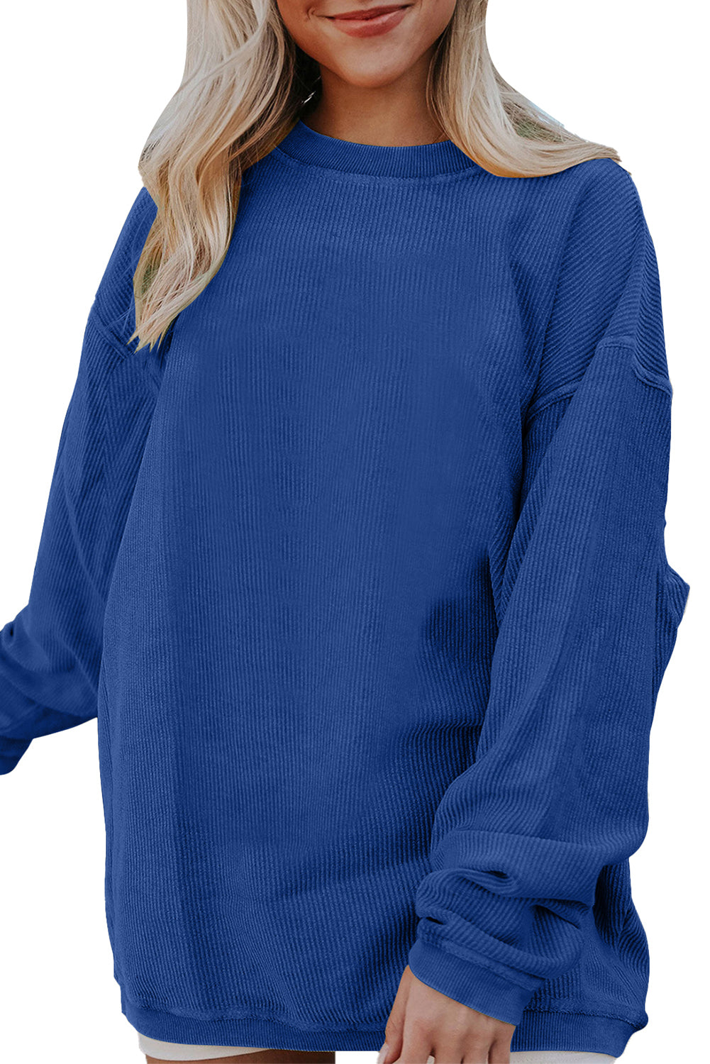 Dark Blue Plain Drop Sleeve Crinkle Rib Oversized Sweatshirt