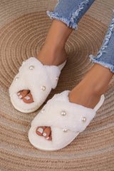 White Pearl Decor Criss Cross Plush Slippers