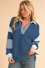 Sail Blue Striped Patchwork Collar Sweatshirt