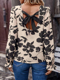 Bow Back Printed Round Neck Flounce Sleeve Blouse - PD SECRET REALM