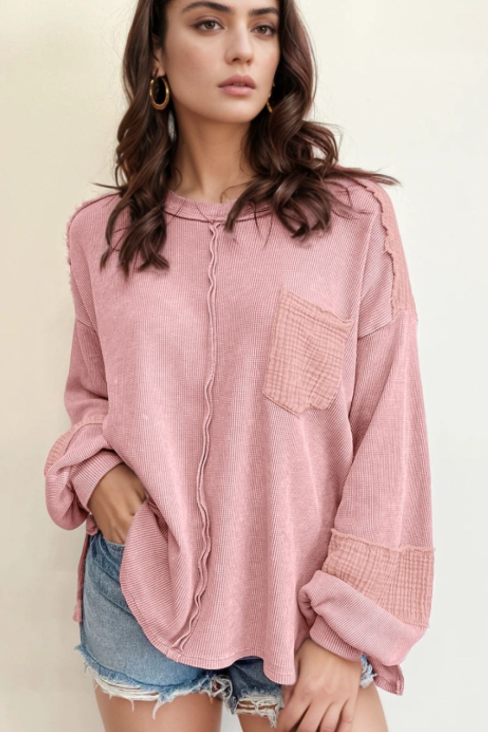 Exposed Seam Round Neck Long Sleeve Sweatshirt