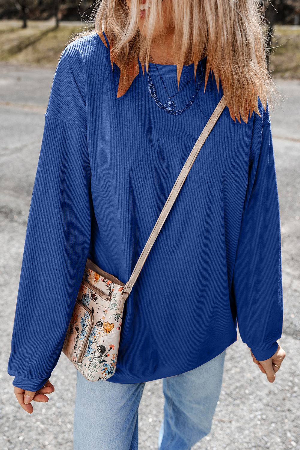 Dark Blue Plain Drop Sleeve Crinkle Rib Oversized Sweatshirt