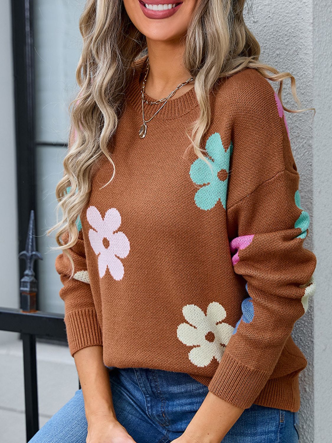 Angel Wings Flower Round Neck Long Sleeve Sweater