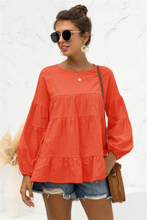 Round Neck Bubble Sleeve Tiered Blouse - PD SECRET REALM