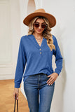 Buttoned Notched Neck Long Sleeve Top - PD SECRET REALM