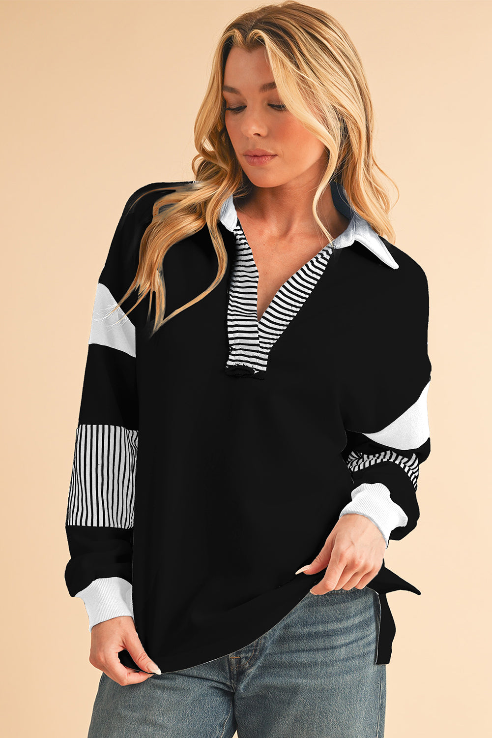 Sail Blue Striped Patchwork Collar Sweatshirt