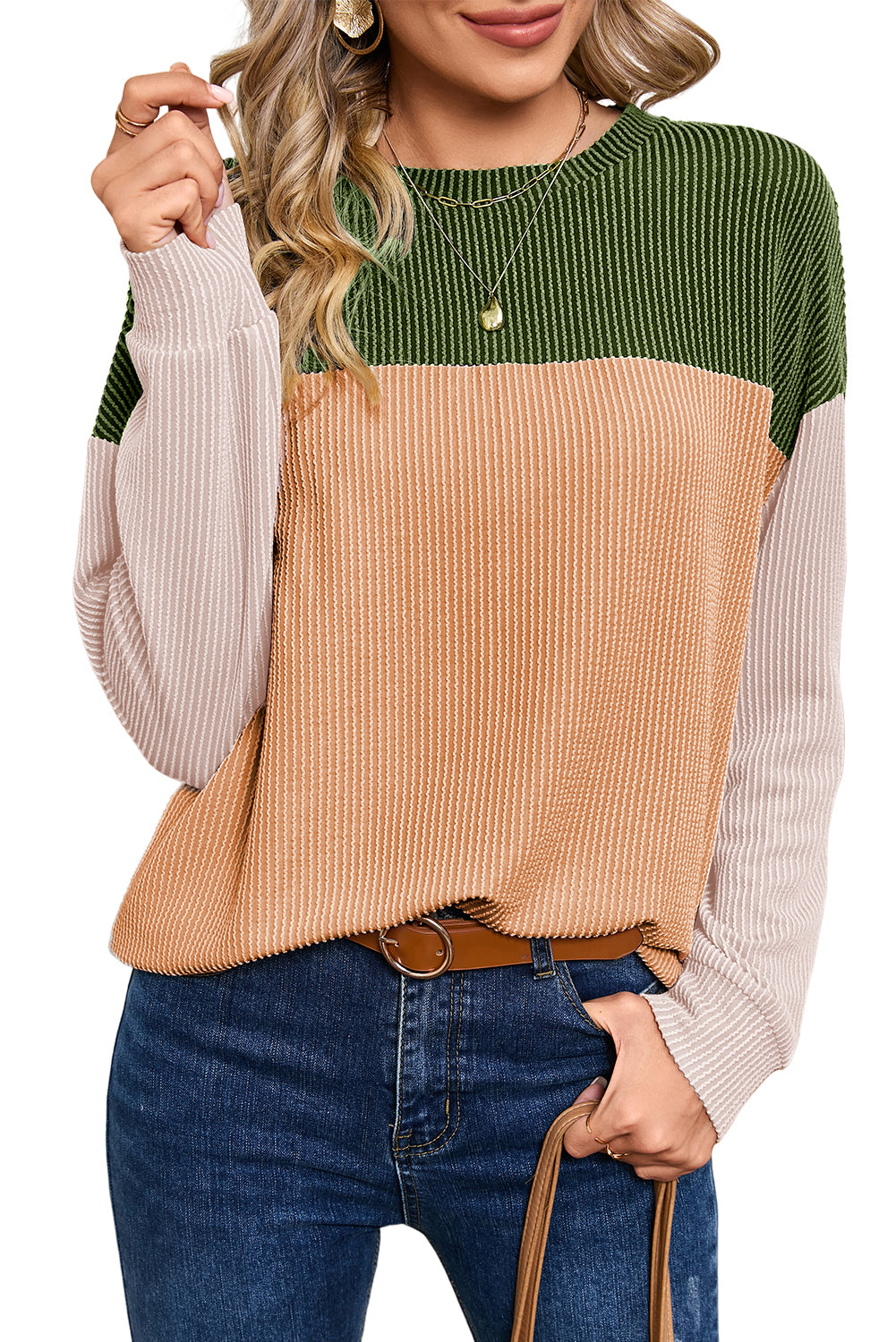 Khaki Color Block Ribbed Loose Long Sleeve Top