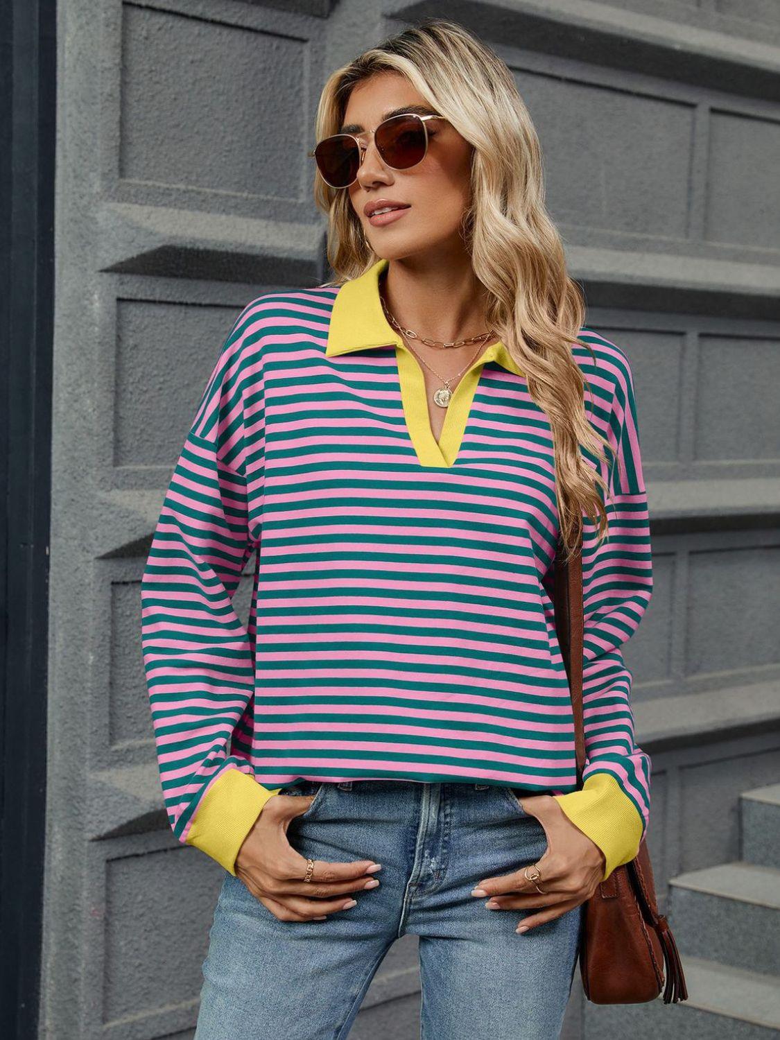 Striped Jnny Collar Long Sleeve Sweatshirt