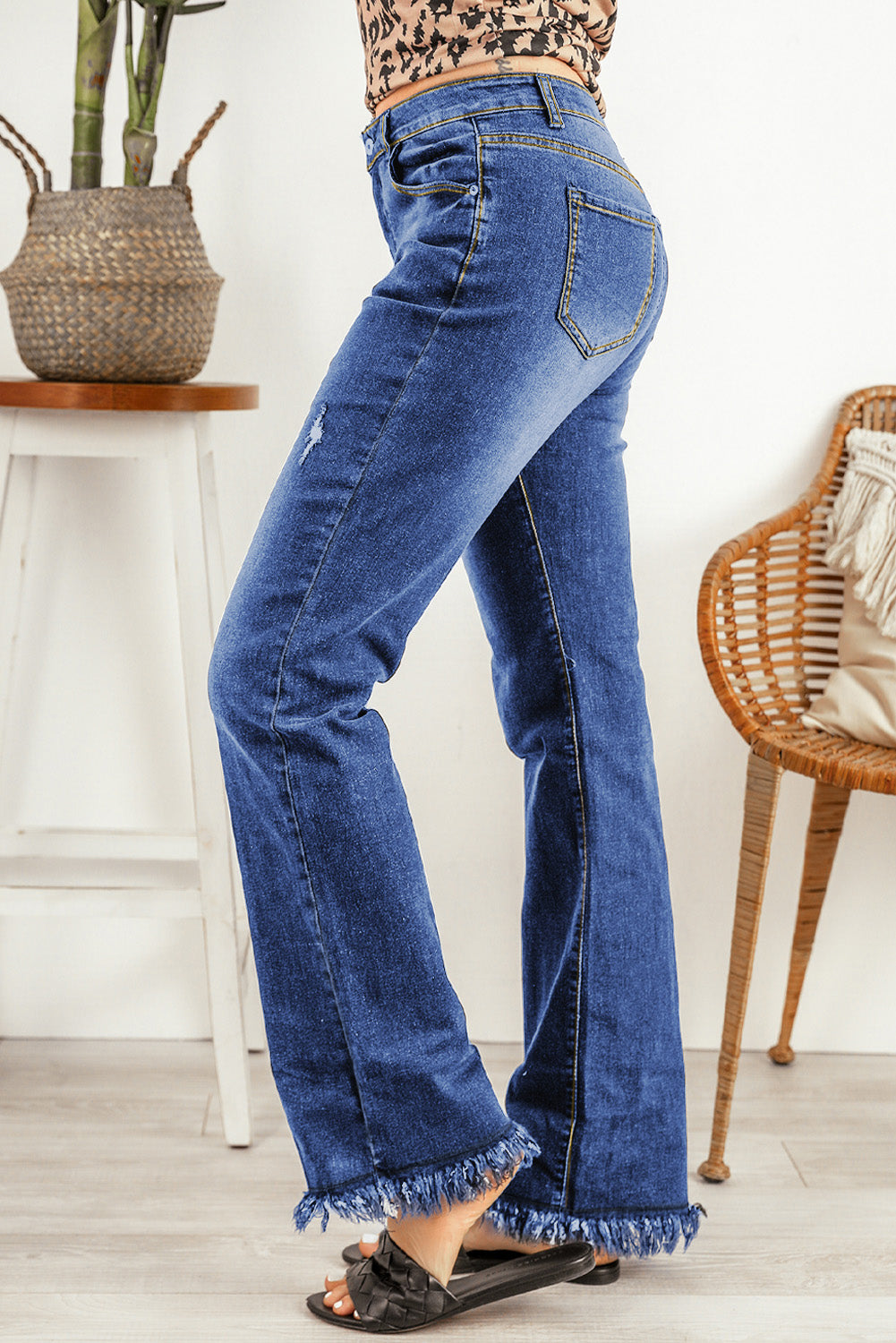 Blue Raw Hem High Waist Straight Leg Jeans