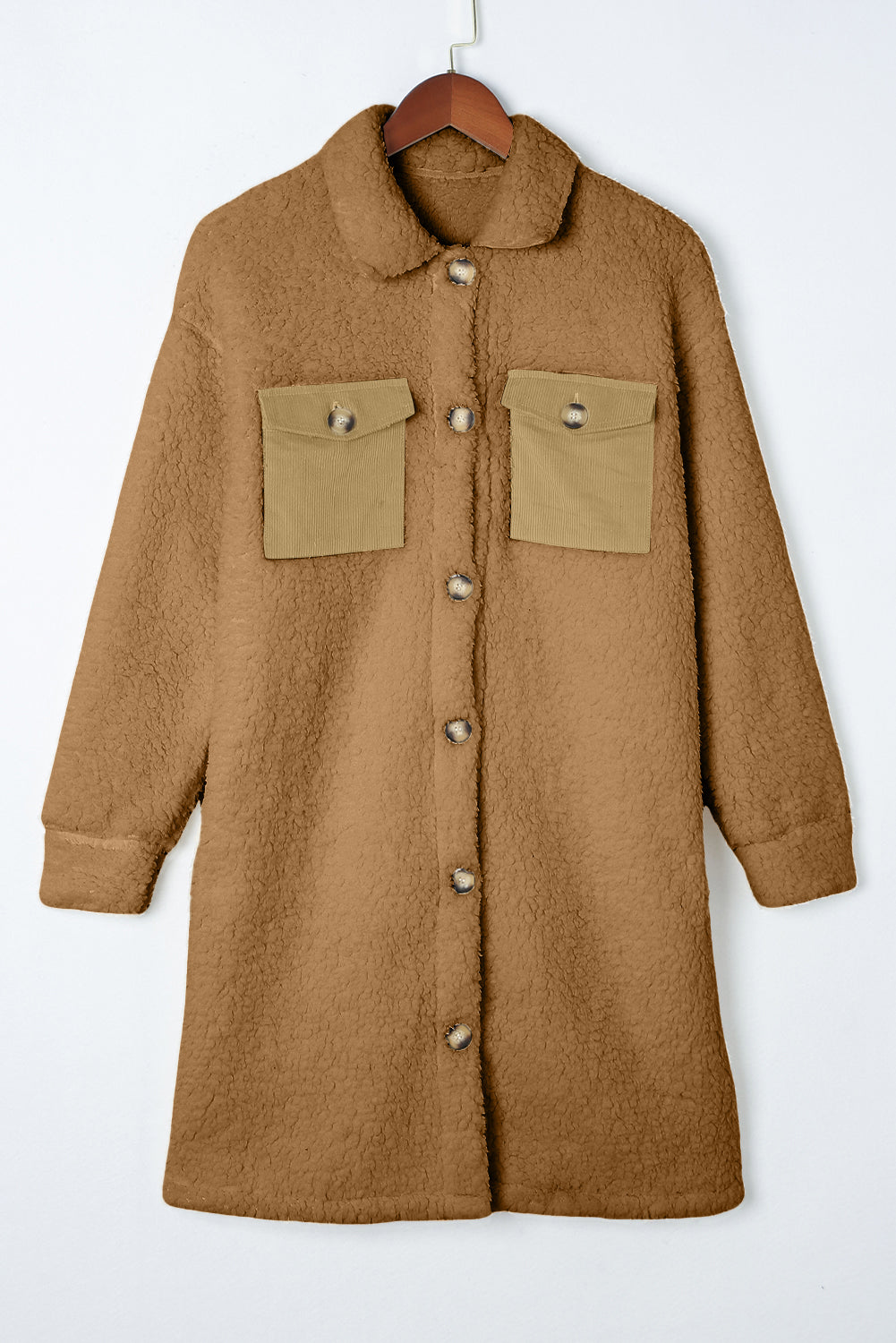 Beige Contrast Flap Pocket Single Breasted Teddy Coat