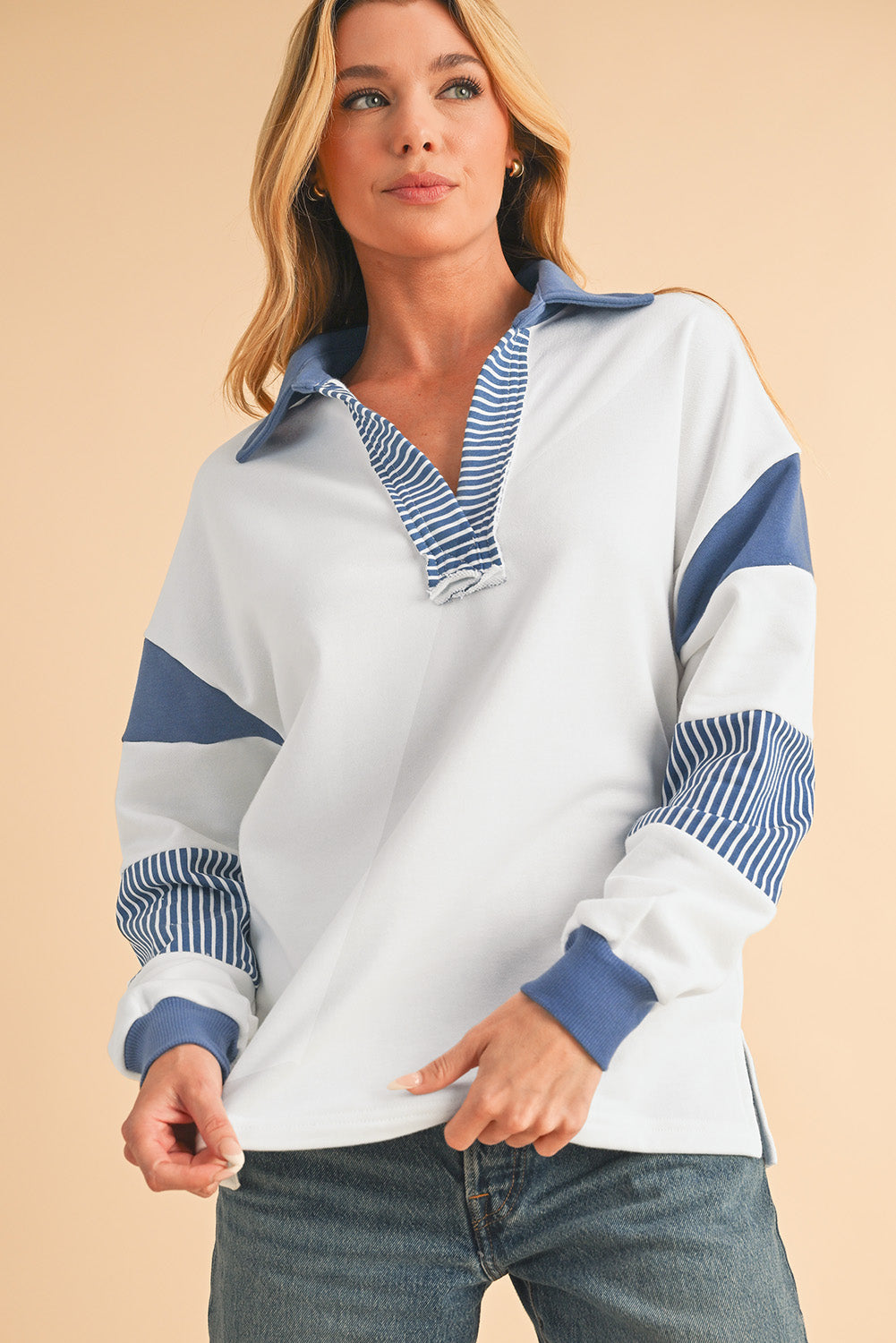 Sail Blue Striped Patchwork Collar Sweatshirt