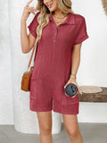 Button Detail Collared Neck Short Sleeve Romper - PD SECRET REALM