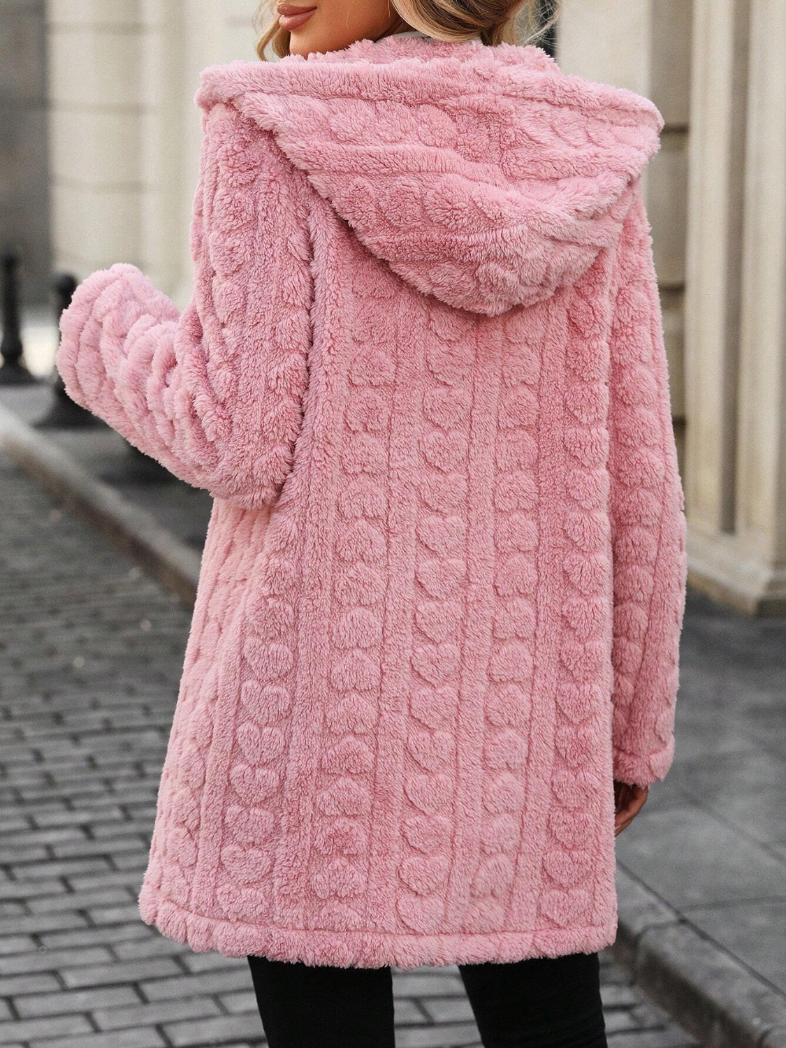 Heart Open Front Hooded Fuzzy Coat