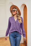 Buttoned Notched Neck Long Sleeve Top - PD SECRET REALM