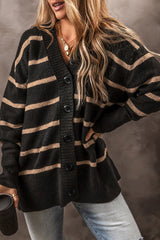 Black Stripe Buttoned V Neck Drop Shoulder Loose Cardigan