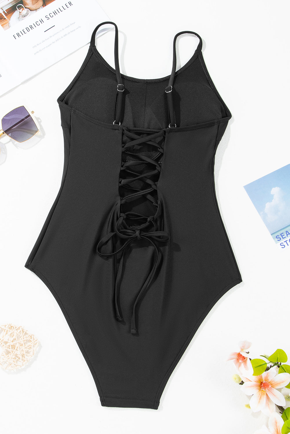 Black Thin Strap Strappy Lace-up Backless One Piece Swimsuit