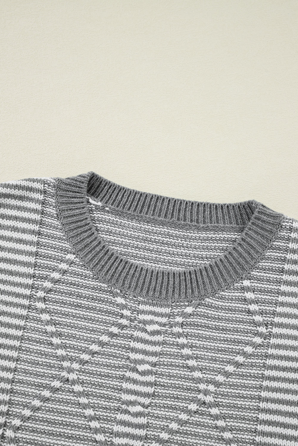 Gray Stripe Twisted Knitted Drop Shoulder Sweater