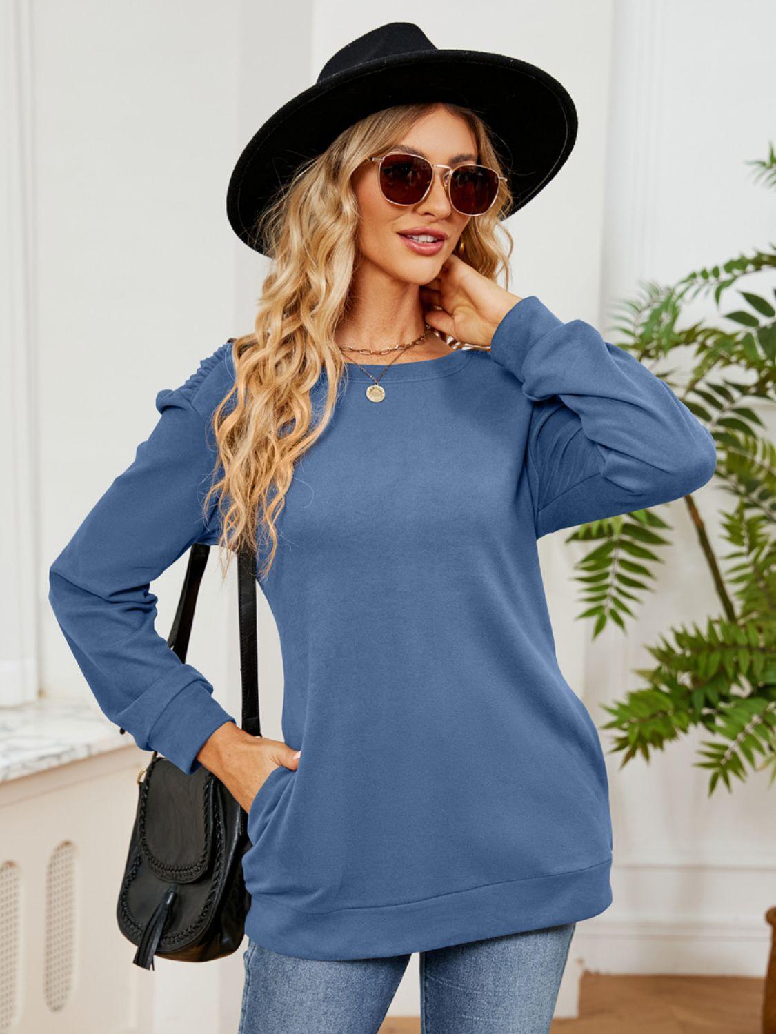 Ruched Shoulder Round Neck Long Sleeve Sweatshirt