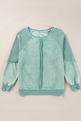 Mineral Blue Waffle Patchwork Raglan Sleeve Exposed Seam Sweatshirt